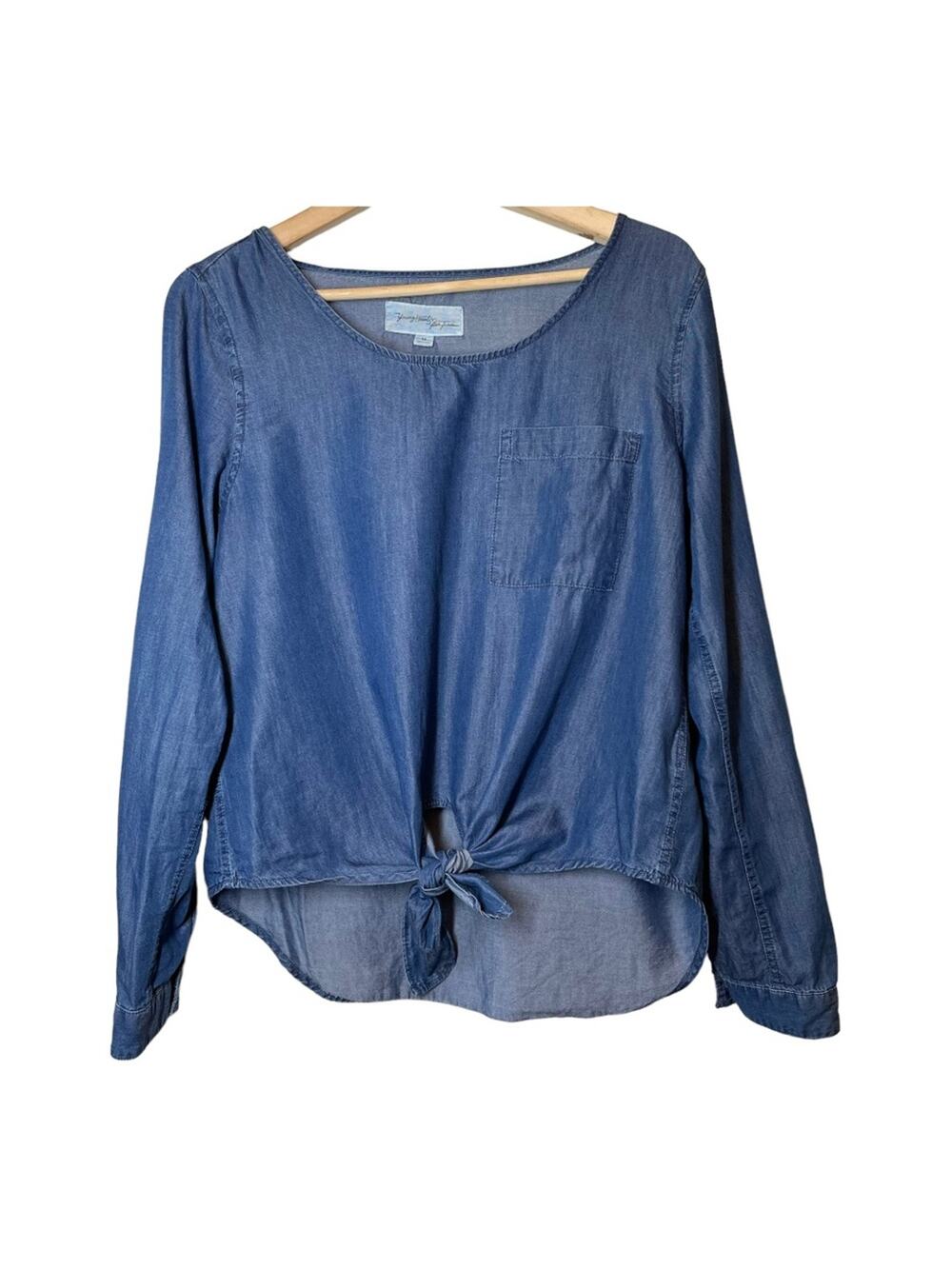 Young Hearts Run Free Cotton Lyocell Chambray Long Sleeve Tie Front Shirt Top M